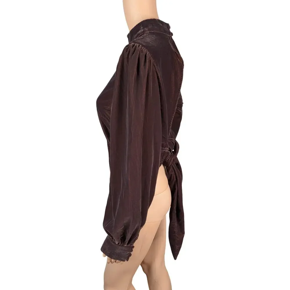 NWT Banana Republic Velvet Open Back Top M Roasted Cocoa Brown Puff Sleeve Mock